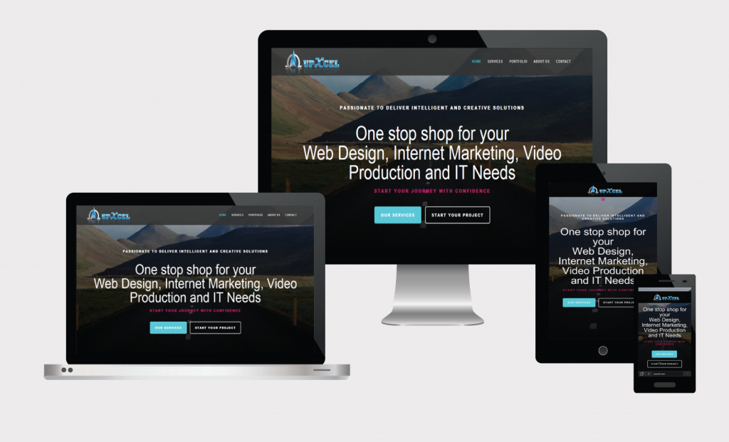 upxcel.com website displayed on laptop, desktop monitor, tablet and smartphone to showcase responsive web design